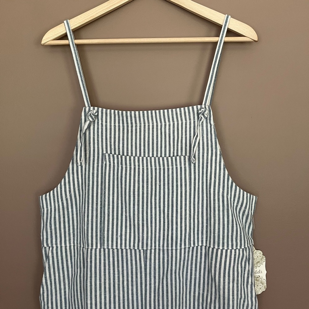 {Altar'd State} Striped Linen Blend Shortalls Romper in Blue & White - Small - Picture 2 of 10